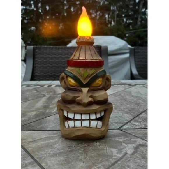 Outdoor Solar Tiki Statue Decor-Tiki Bar Decoration-Tiki Head Statues 8.74" Tall - Picture 1 of 1